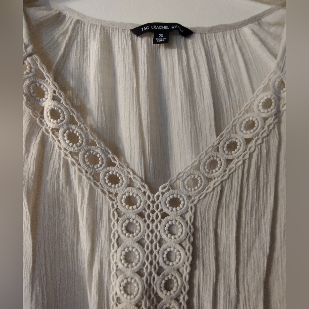 Zac & Rachel Women's Ivory Blouse with Lace Trim Pullover Bohemian 2X